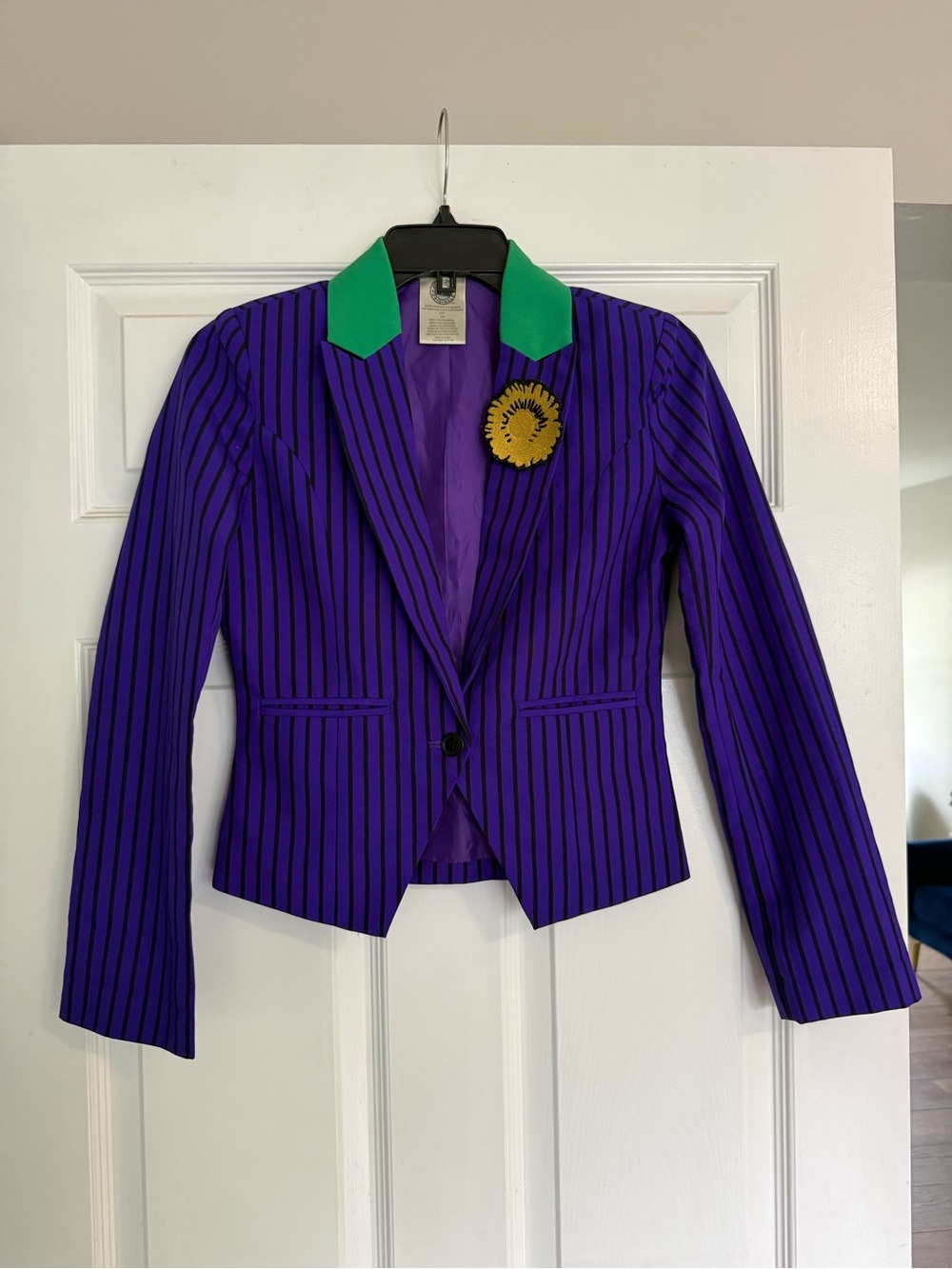 DC Comics Purple Pinstripe Blazer with Green Collar and Yellow Flower Pin